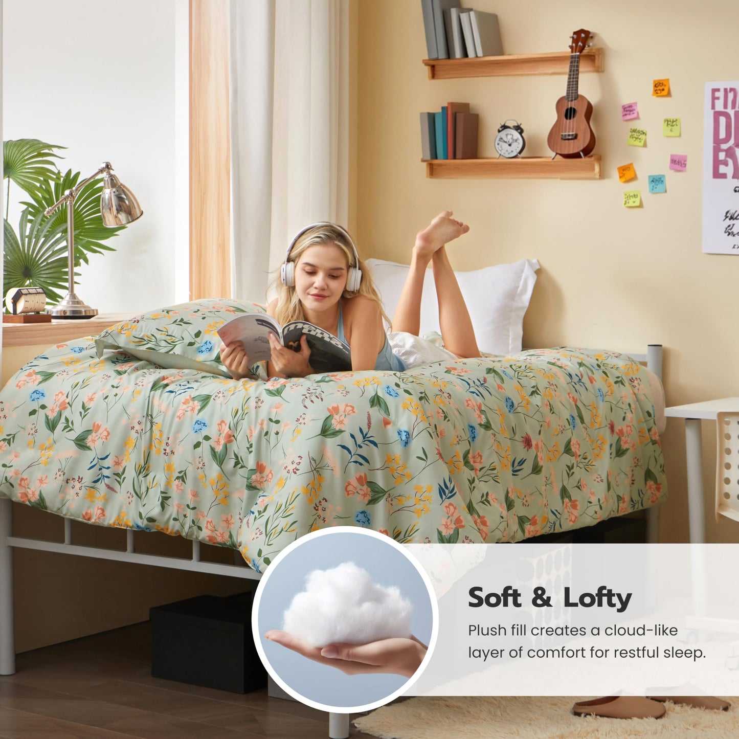 Joiedomi Floral Twin Comforter Set Light Green Bedding Set - 2 Pieces Twin Bed in a Bag with 1 Soft Reversible Botanical Flowers Leaves Comforter and 1 Pillow Sham