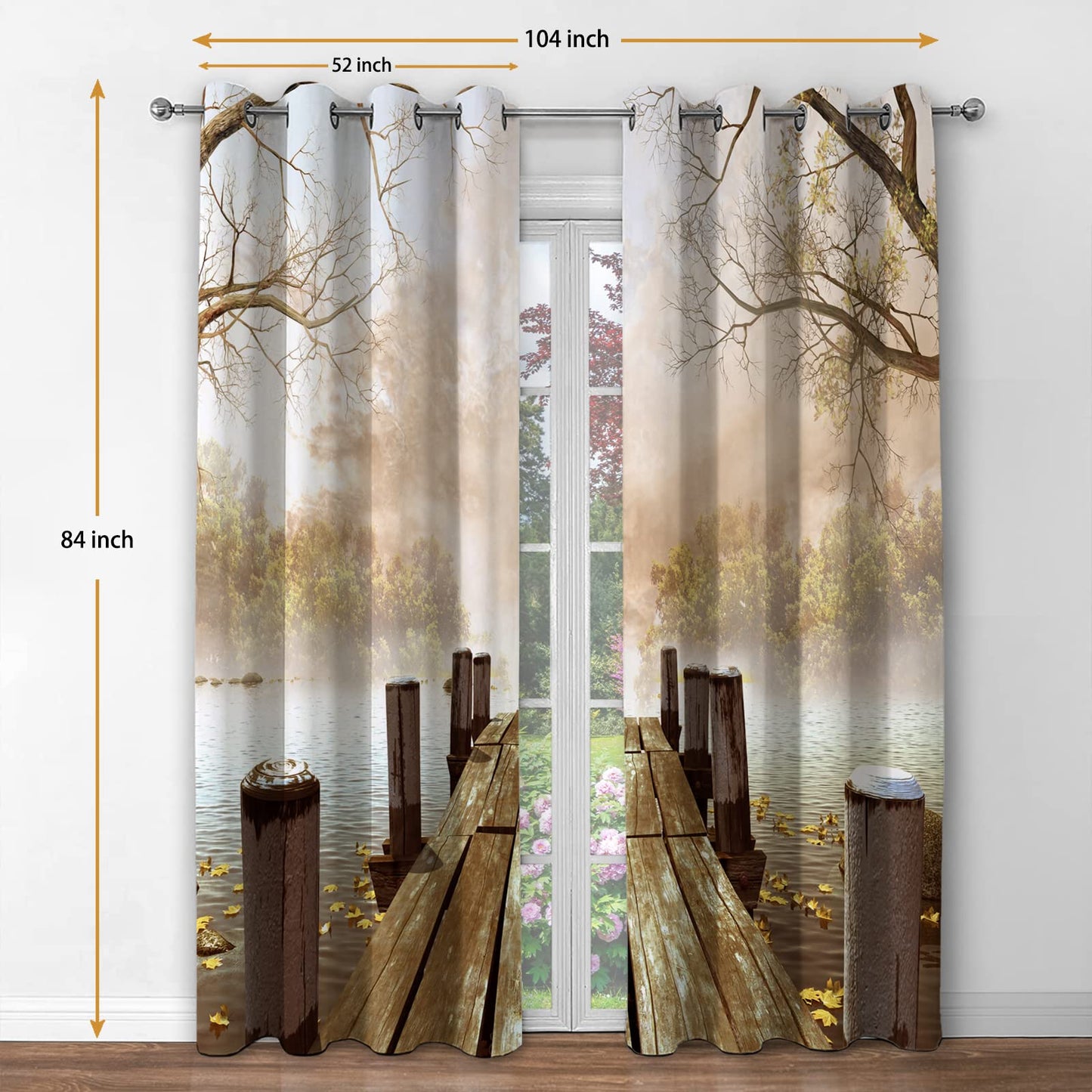 Jekeno Old Wood Jetty Foggy Forest Blackout Curtains Wooden Lake Fall Nature Landscape Autumn Fallen Leaves Decor Home Bedroom Living Room Darkening Grommet Window Drapes 2 Panel Set, 52"x84"