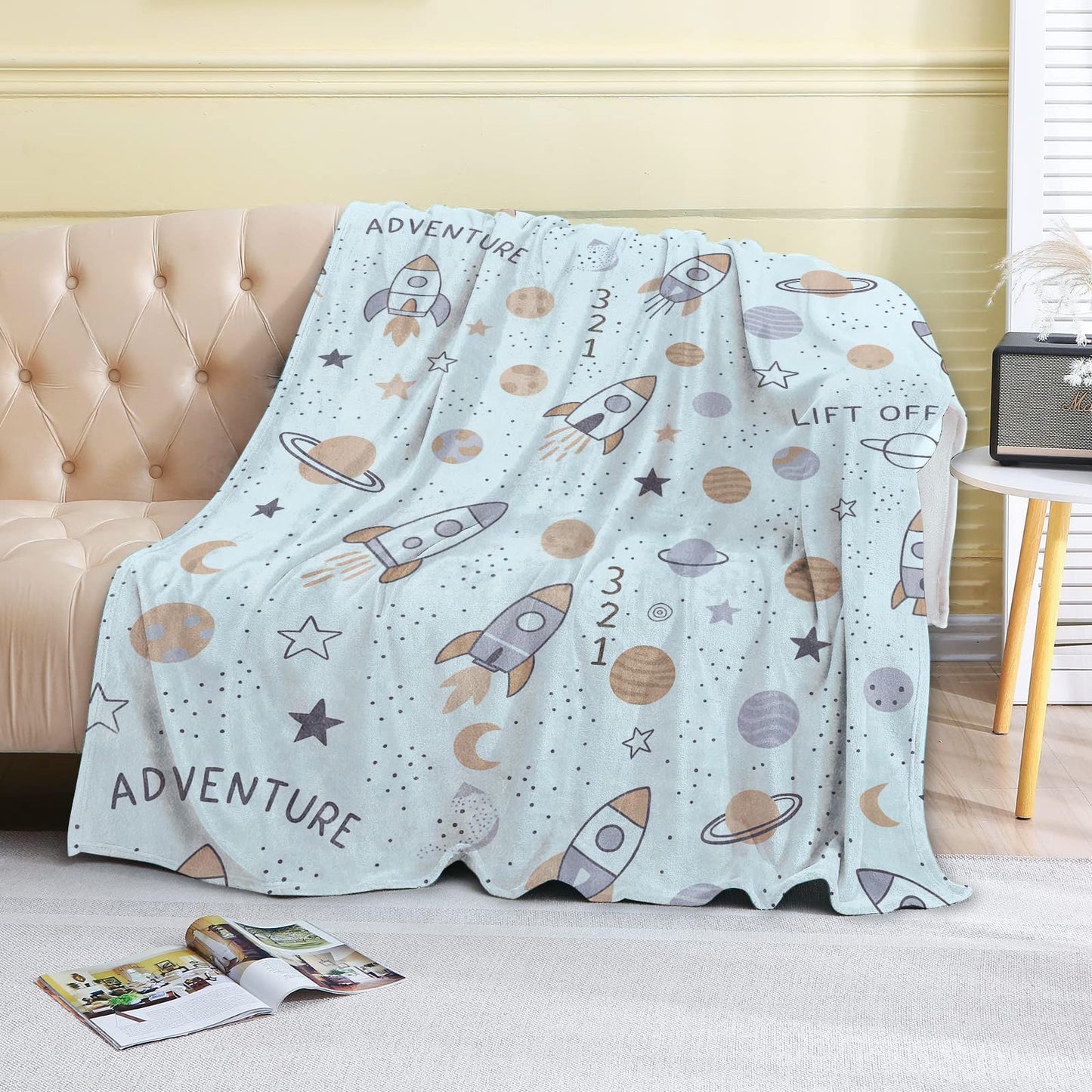 coedoaes Rocket Space Adventure Fleece Blanket,50x60in,Cute Planet Star Spaceship Throw Blankets,Soft Cozy Lightweight, Ideal for Bed Living Room Home Galaxy Themed Decor,Kids Gifts