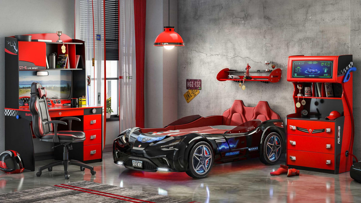 Cilek GTS EV Twin Race Car Bed for Boys with Remote Control, LED Lights & Sounds, Vegan Leather Headboard, Guardrails, Non-Toxic, Fits Twin Mattress, 250 lbs. Capacity, Suitable for ages 3-12, Black