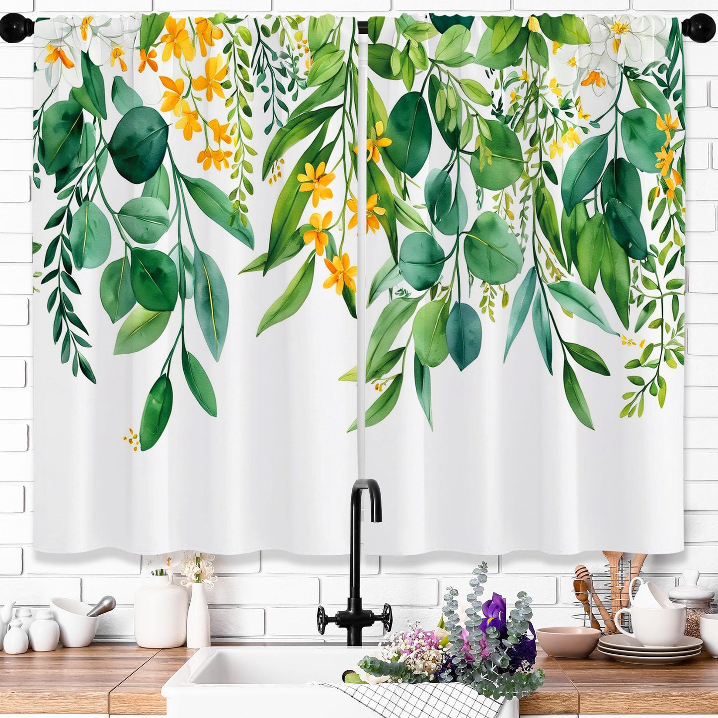 Opeoddie Eucalyptus Leaves Kitchen Curtains 2 Panels Sage Green Plant Botanical Vintage Farmhouse Boho Floral Small Short Cafe Tiers Curtain Bathroom Window Treatment Drapes 26x36 Inch