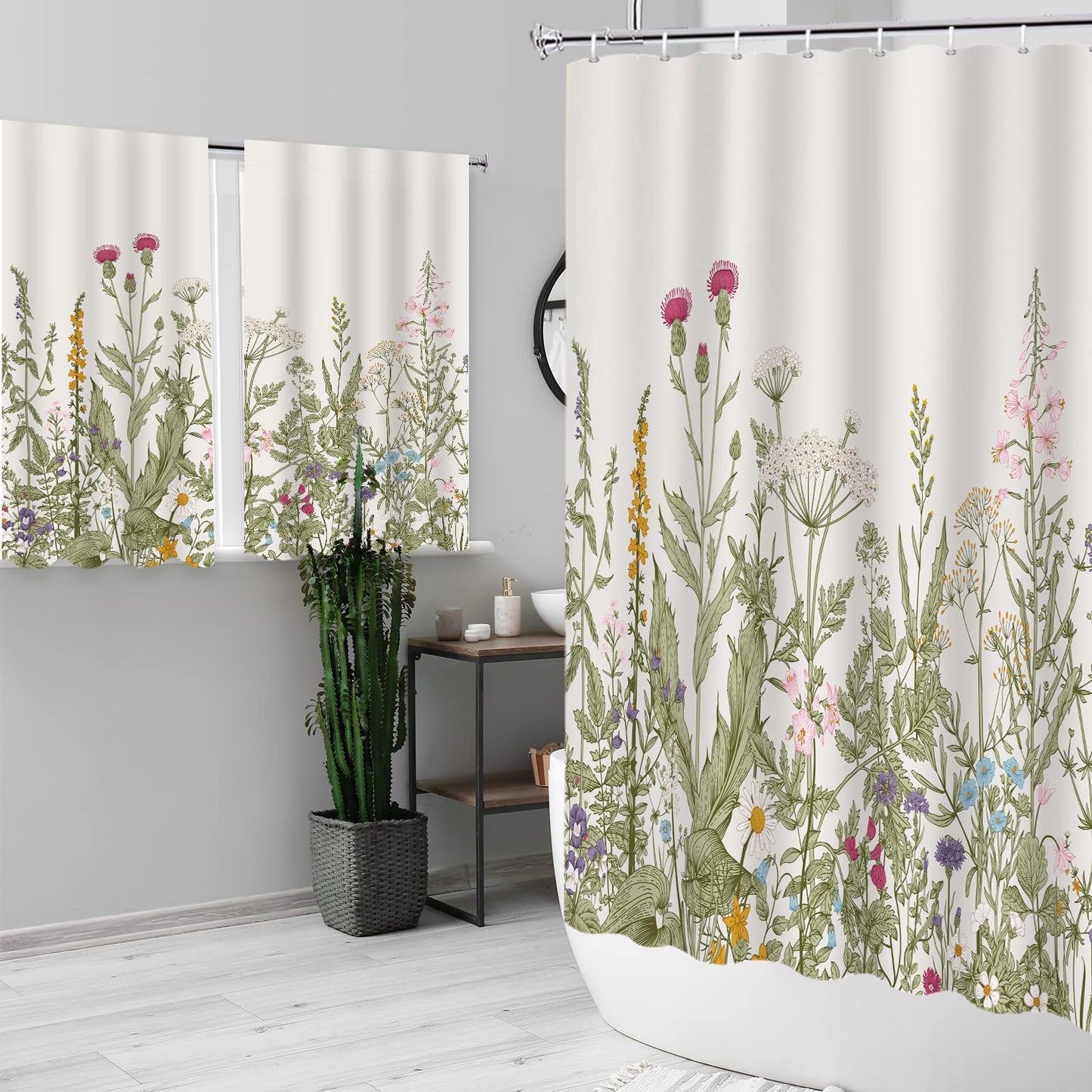 YISURE 2 Piece Wildflower Botanical Shower Curtain Set with Window Curtain, 72x72 with 30x36 inches, Floral Plant Sage Green Leaves Decorative Shower Curtain with Matching Window Panel