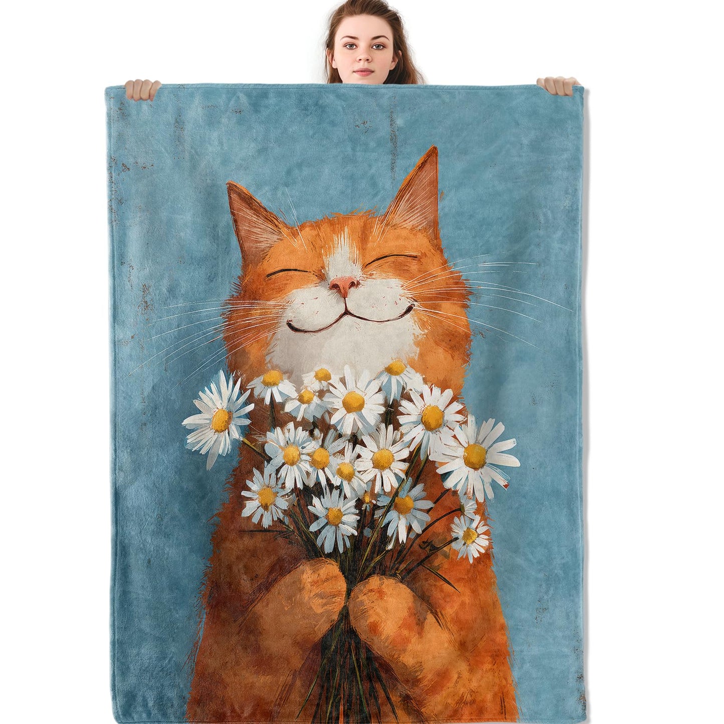 Mniedc Smiling Cat Daisy Flower Blanket, Cute Animal Nature Flannel Throw Blankets, 50"x60", Soft Warm Lightweight Fuzzy Cozy Throws for Couch Bed Sofa Decorative Gifts for Pet Lover Women Girls, Blue