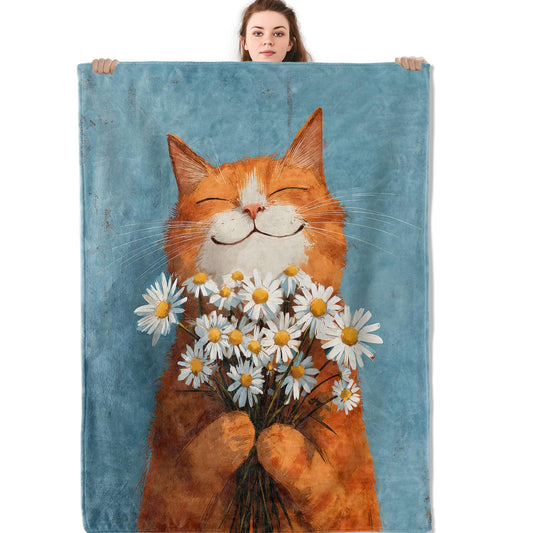 Mniedc Smiling Cat Daisy Flower Blanket, Cute Animal Nature Flannel Throw Blankets, 50"x60", Soft Warm Lightweight Fuzzy Cozy Throws for Couch Bed Sofa Decorative Gifts for Pet Lover Women Girls, Blue