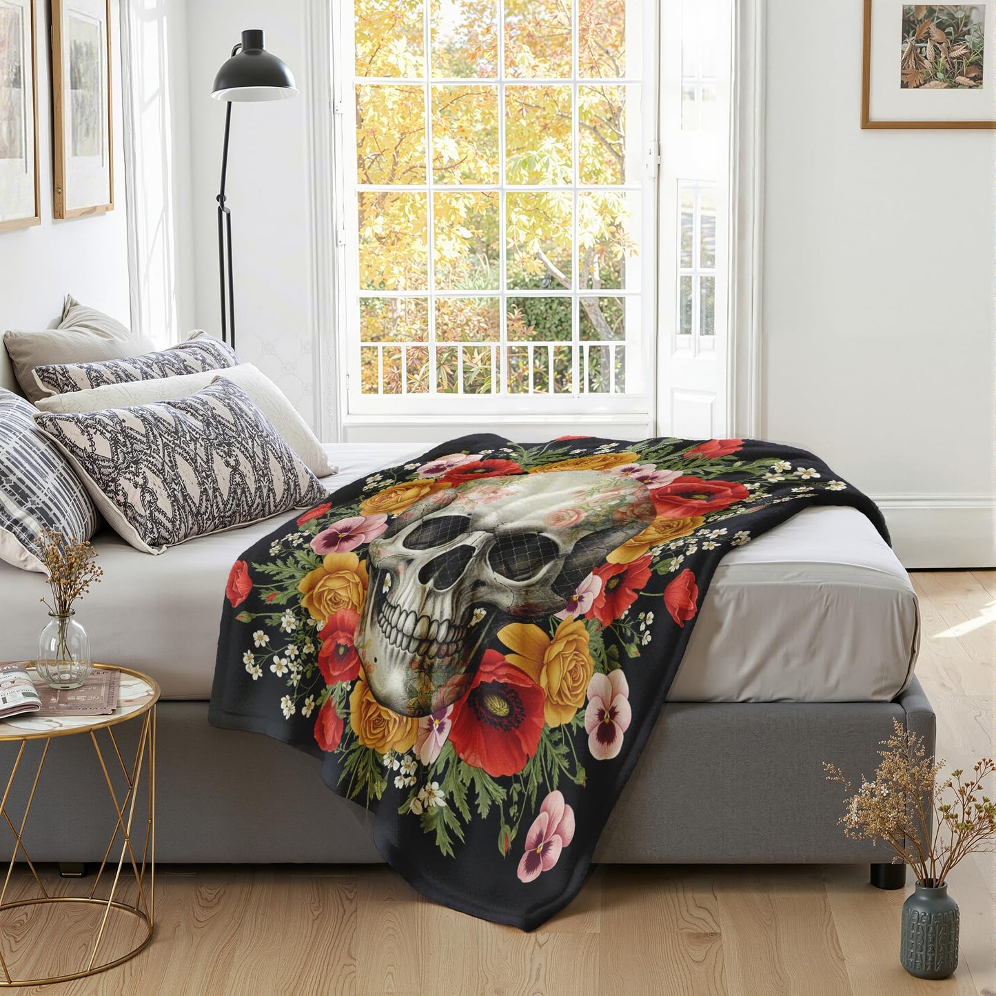 GEDAEUBA Skull Gifts for Women - Skeleton and Floral Fleece Blanket Throw, Soft Cozy Blankets & Throws for Couch, Bed, and Sofa, 50x60 inches
