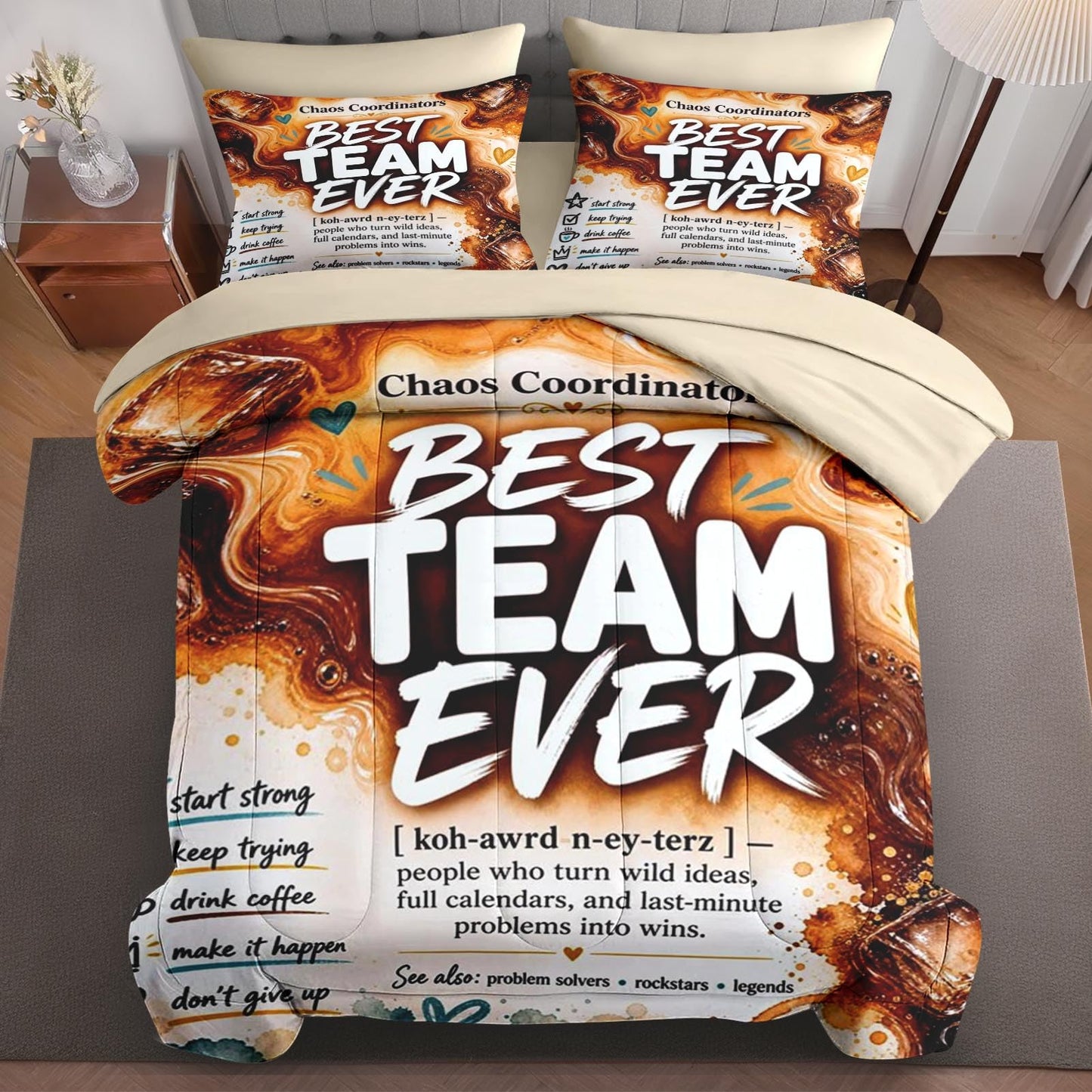 Boewywh Comforter Set Twin Size Coffee Funny Motivational 7 Pcs, Bedding for Kids and Adults, Bed Sheet Sets with Fitted Sheet 2 Pillowcases & 2 Shams for Bedroom Bed Decor