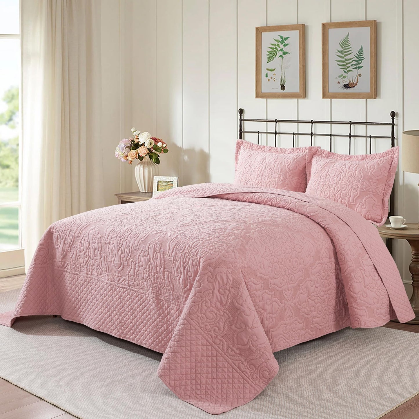 NEWLAKE Quilt Bedspread Set, Pink Jacquard Embossed Floral Pattern Reversible Embroidered Microfiber Coverlet Sets, Queen Size