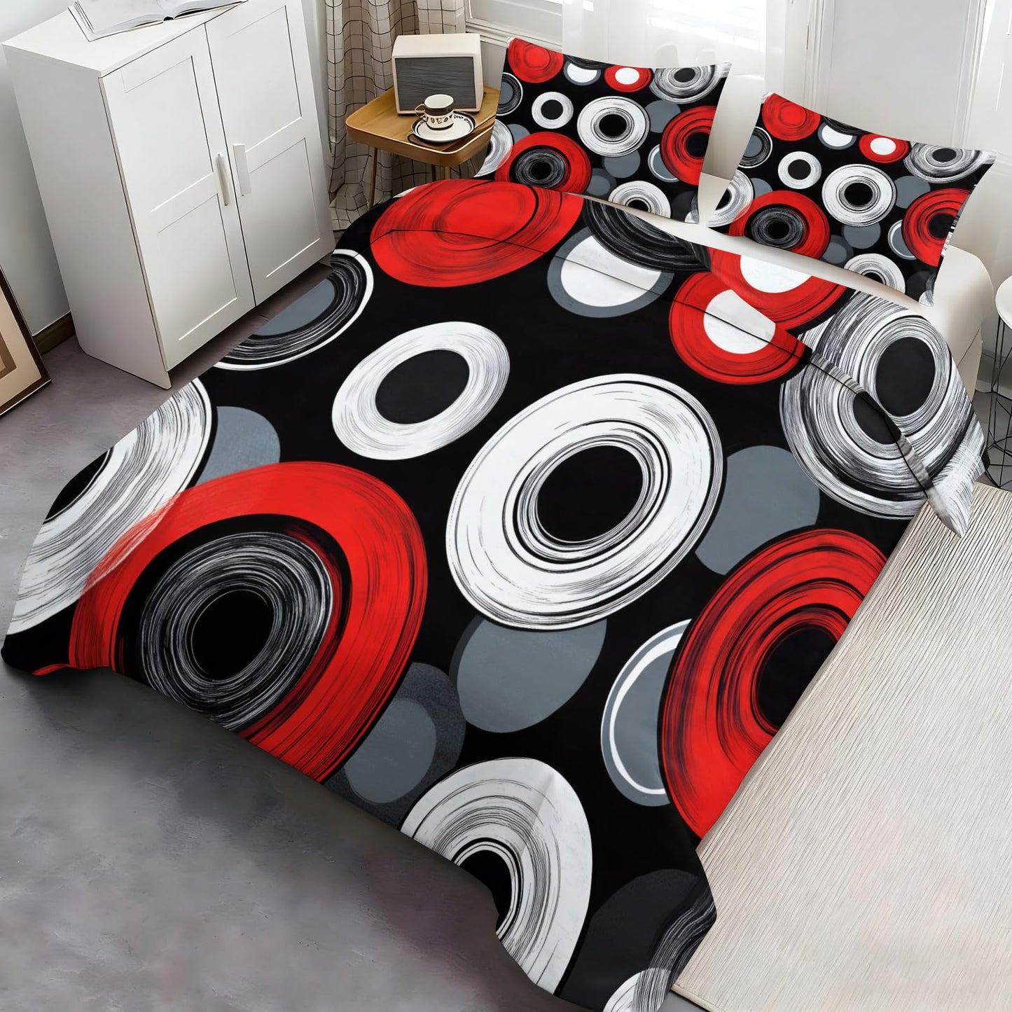 GKPLY Red Black Circles Duvet Cover Cal King, Modern Abstract Bedding Sets, Bold Geometric Comforter Set, Zipper & Ties, Retro Style Duvet Cover & 2 Pillow Cases, Reversible Print