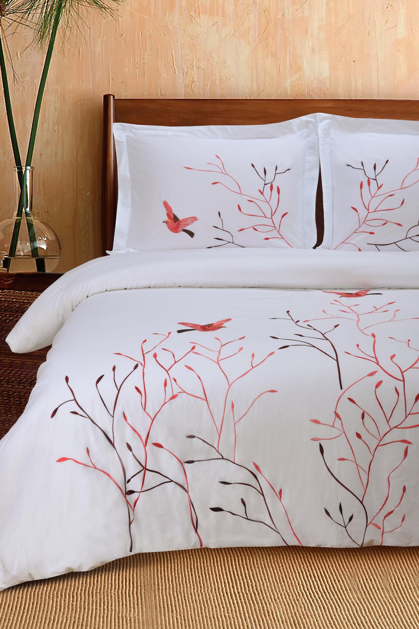 Superior Swallow Cotton 200 Thread Count Duvet Cover Set, Comforter Cover, Bed Essentials, Embroidered Tree with Birds, Includes 1 Duvet Cover- Button Closure, 2 Pillow Shams, Full/Queen, Red Swallow