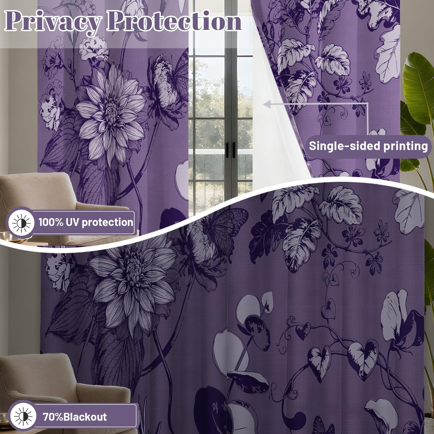 soeeao Dark Purple Vintage Botanical Blackout Curtains Patterned Purple Floral Window Drapes for Plum Bedroom Living Room, 84 inch Length 2 Panels Set, 52x84 inch
