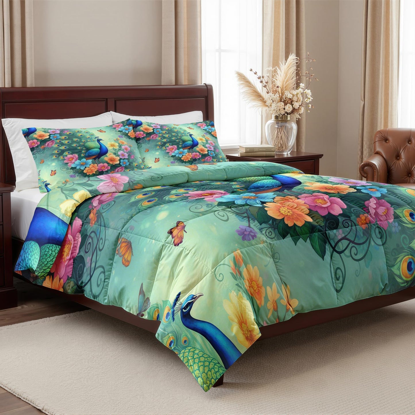 Peacock Butterfly Comforter Set Twin Size 2 Pcs - All Season Duvet Insert & Pillowcase, Oriental Asian Bedding Set, Soft Lightweight Down Alternative Comforter, Peony Bedroom Decor