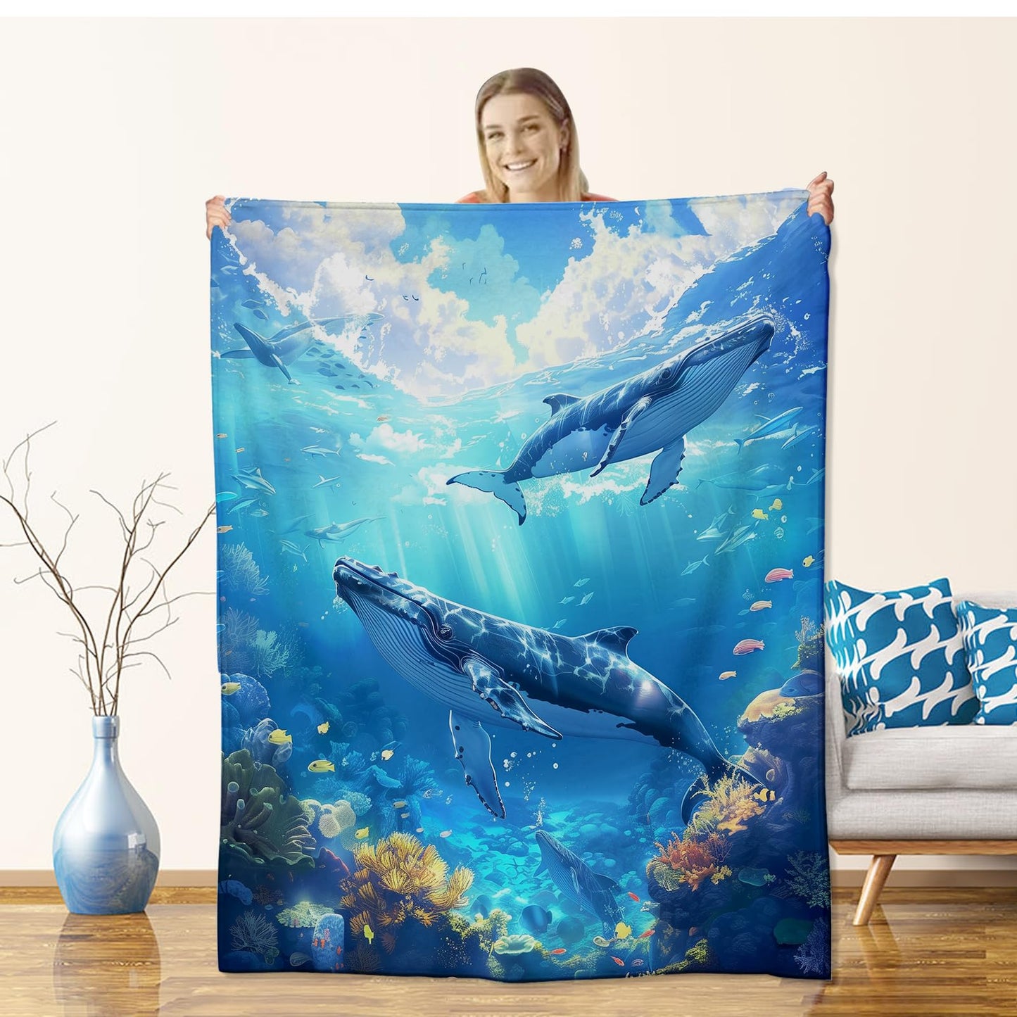 Flannel Whale Blanket for Kids & Adults, Ocean Animal Throw Blanket for Sofa, Couch, Bed - Soft, Warm & Cozy - 60" x 50"