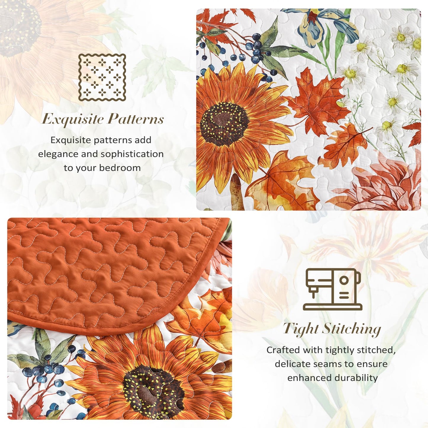 Yiran Fall Floral Quilt Set Queen Size, Orange Red Sunflower Botanical Bedspread Bedding Set, 3 Pieces Soft Lightweight Microfiber Coverlet with 2 Pillow Shams for All Season 96x90 Inch