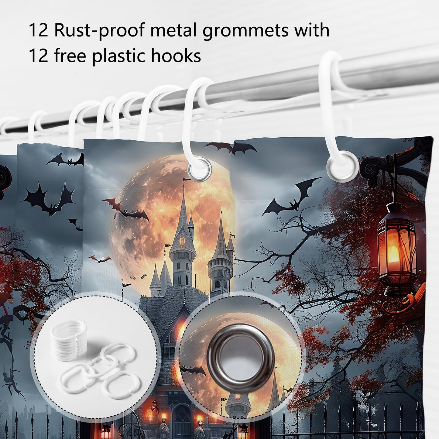MEHOFOND Halloween Shower Curtain Scary Haunted House Evil Pumpkin Shower Curtains for Bathroom Scary Castle Horror Pumpkin Lantern Spooky Full Moon Night Gothic Dead Tree Bathroom Decor 72Wx72H Inch