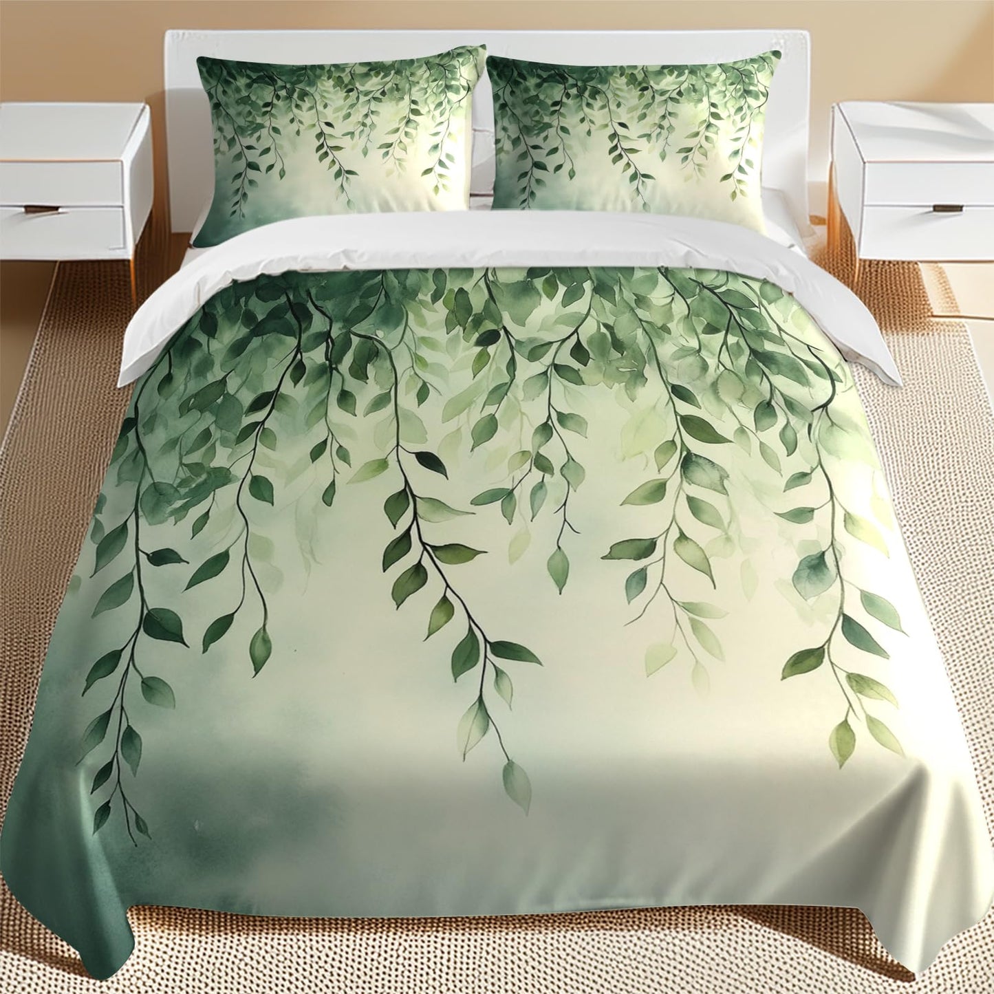 TEERRLLTW Floral Botanical Boho Flower Designed Duvet Cover Set, 3 Piece Soft Bedding Set (1 Duvet Cover and 2 Pillowcases), Floral Comforter Cover Set (Greenery Willow Leaves, Full (80" x 90"))