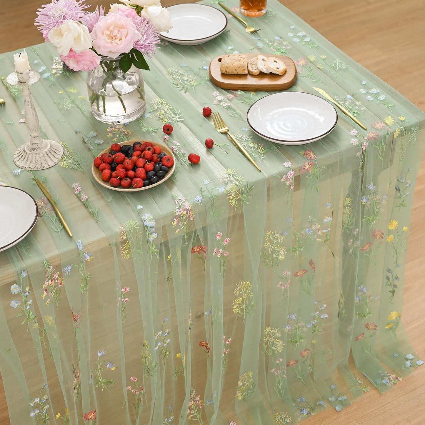 Horaldaily Embroidery Flower Plant Green Gauze Tablecloth 60×84 Inch Rectangular, Spring Summer Tulle Table Cover, Garden Party Decorations for DIY, Wedding, Party, Holiday Dining Decor