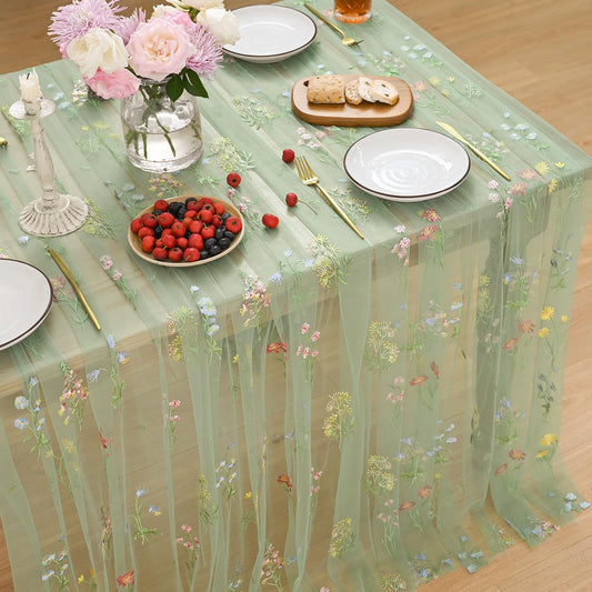 Horaldaily Embroidery Flower Plant Green Gauze Tablecloth 60×84 Inch Rectangular, Spring Summer Tulle Table Cover, Garden Party Decorations for DIY, Wedding, Party, Holiday Dining Decor
