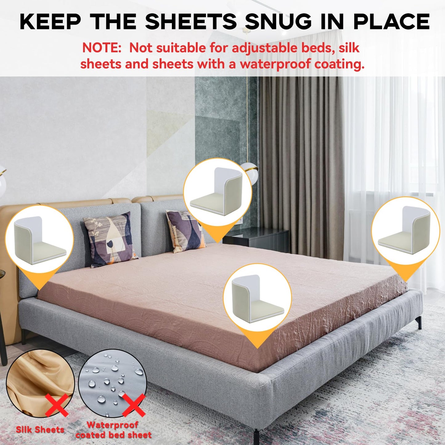 SANKOYO 4 PCS Bed Sheet Holder, Bed Sheet Grippers, Discrete Heavy Duty Bed Sheet Tightener, Non Slip Corner Sheet Grippers Keep Sheets Firm & Tight.