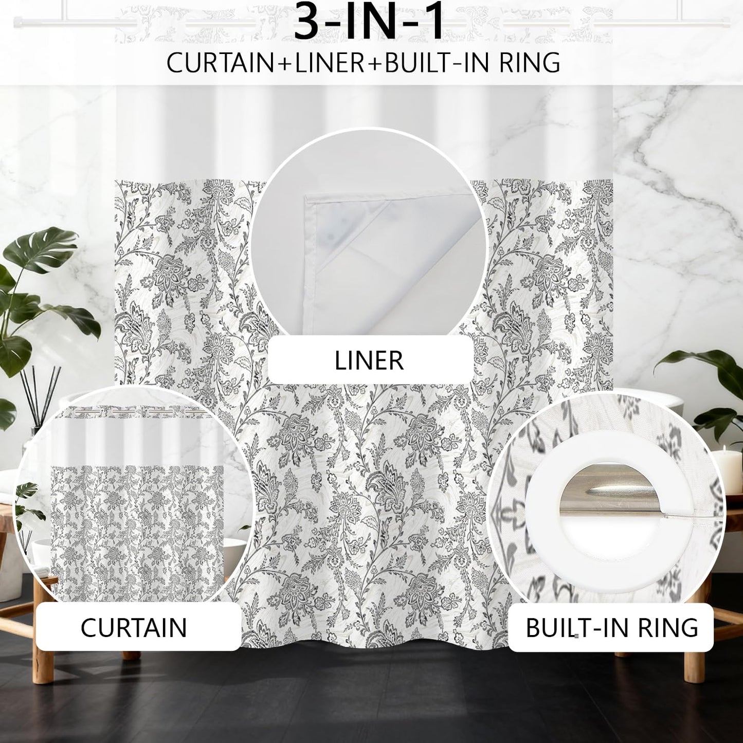 NAEMBCU Floral Shower Curtain with Snap-in Liner 71x74 Inch