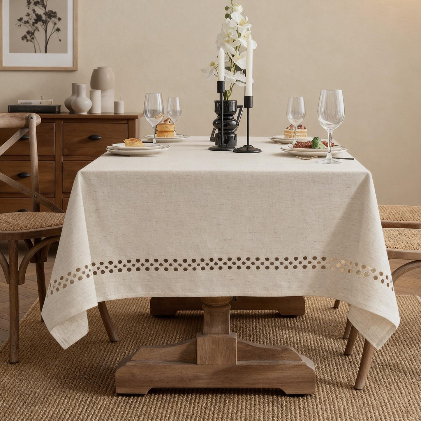 QDTTSRY Natural Tablecloth, Rectangle Tablecloth with Decorative Cutouts, Stain Resistant & Wrinkle Free Table Cover for for Dining Table (Natural Cotton Linen, 55" x 55" (Square))