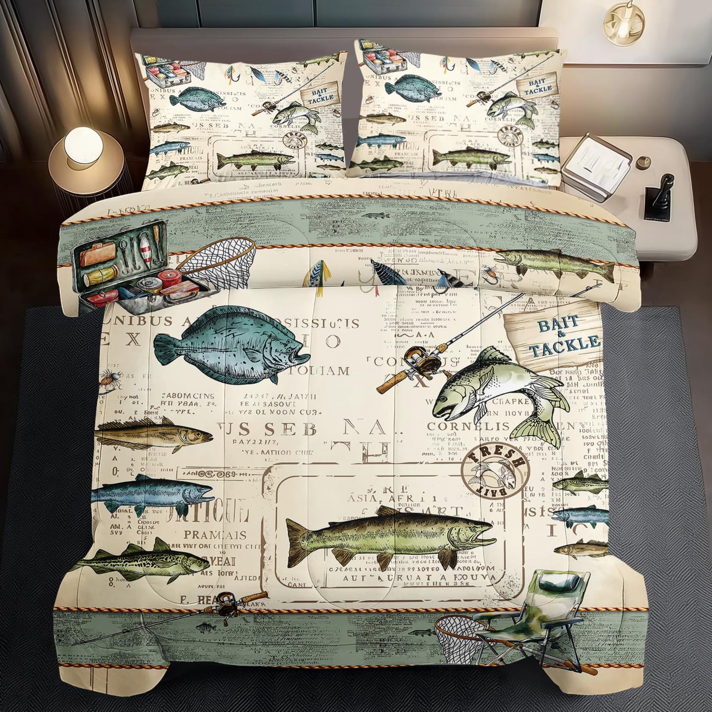 llyxsesty Fish Comforter Set Queen,Nautical Bedding Set Queen for Boy,Ocean Bedding Striped Quilt,Coastal Comforter Fishing Birthday Party Decorations,Nautical Quilt Fishing Decor for Kids and Adult