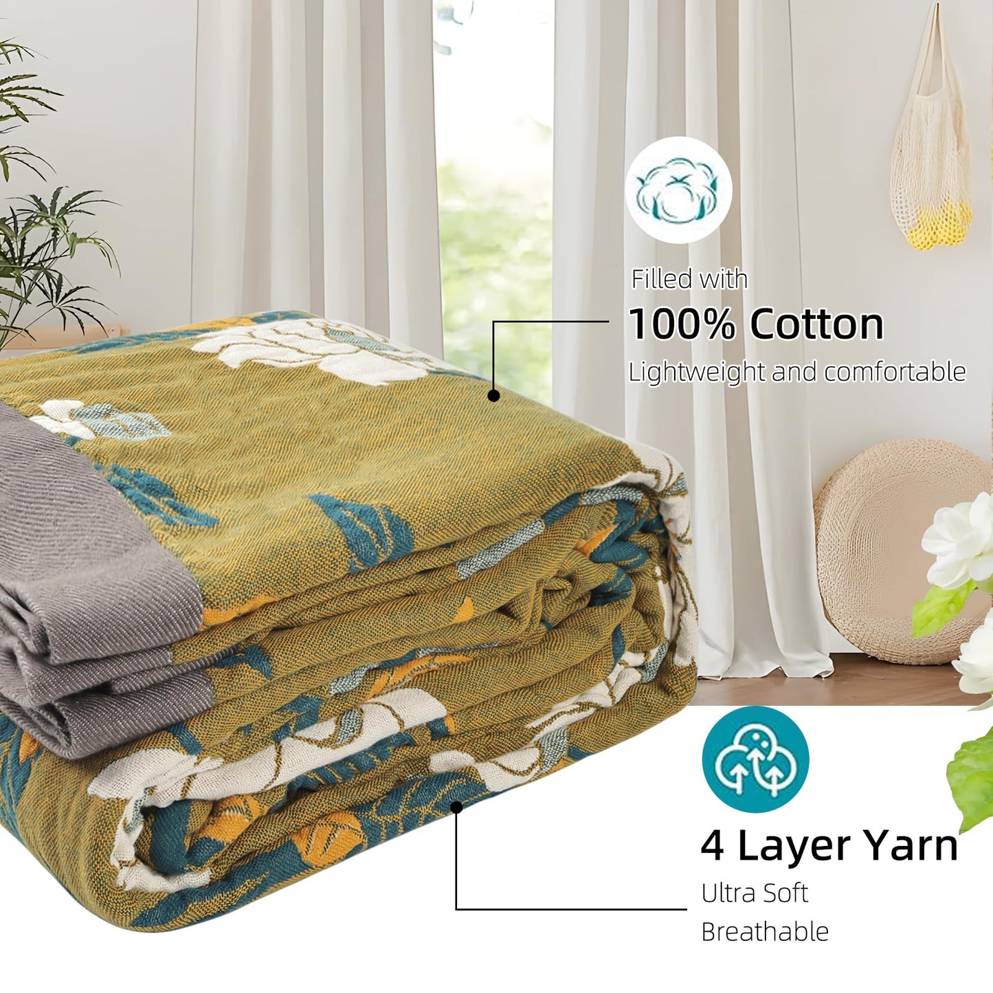 Shesyuki Boho Throw Blanket for Bed - 100% Pure Cotton Ultra Soft Rustic Quilt - Farmhouse Decor Bed Blankets, All Season Rustic Throw for Sofa Couch Chair(91''x 98'', Flower Branch)