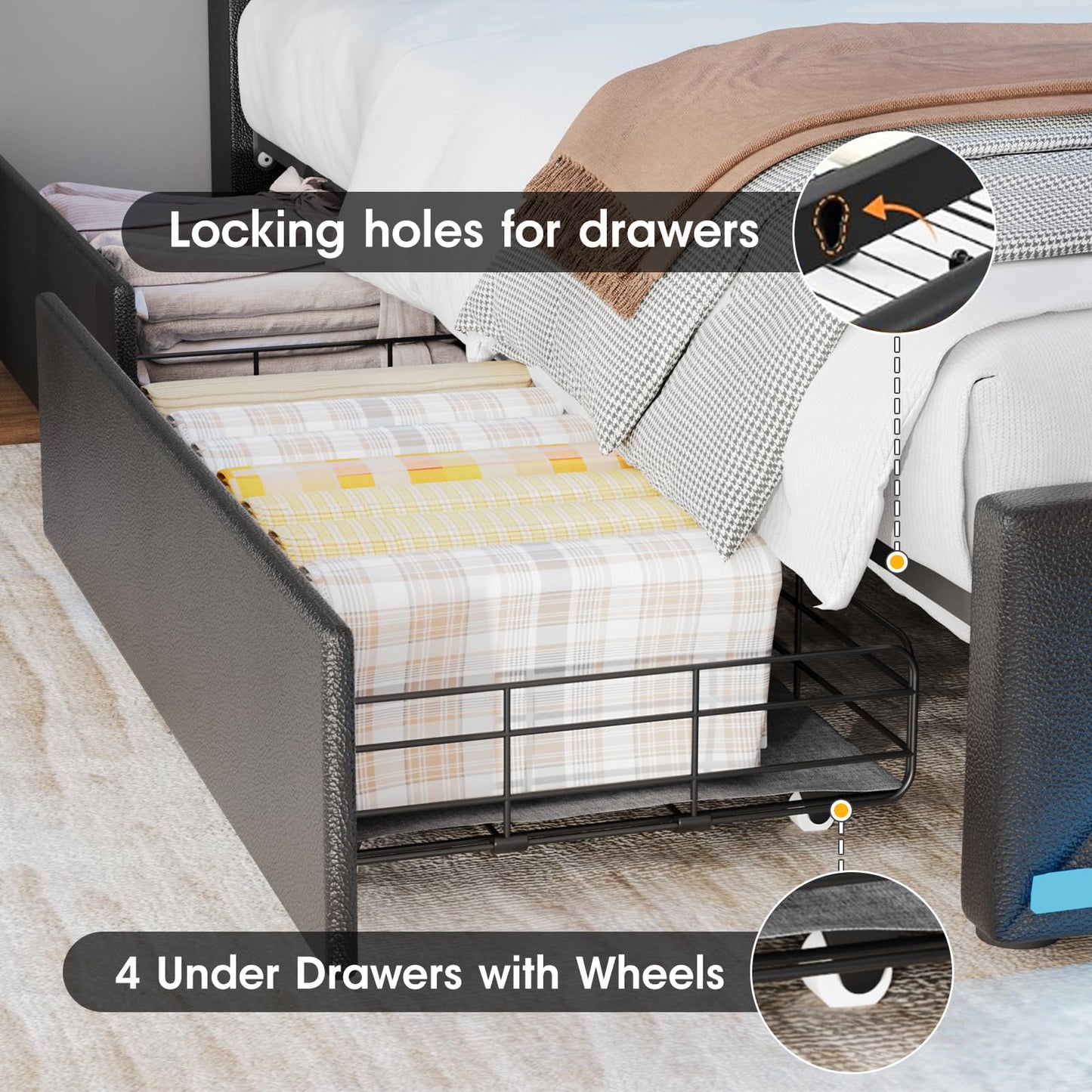 Vabches Full Bed Frame with Storage Headboard and 4 Drawers,Upholstered Platform with Charging Station and Led Lights,Adjustable Headboard with Pu Leather,No Box Spring Needed,Black