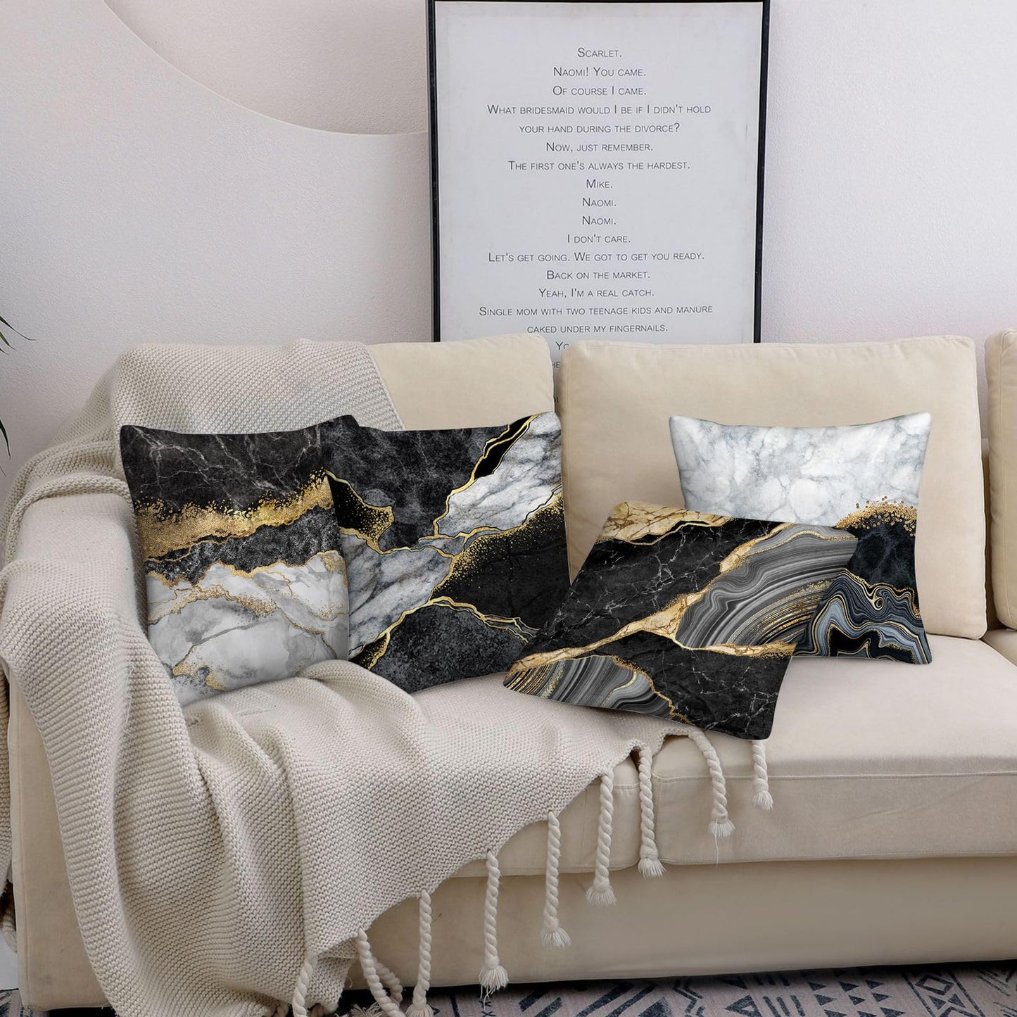 Black Gold Marble Texture Decorative Pillow Covers 18x18 Set of 4, Gold and Black Grey Throw Pillow Cases for Couch Sofa Bedroom Living Room Decor Home Cushion Cover,Black Gold Living Room Decoration