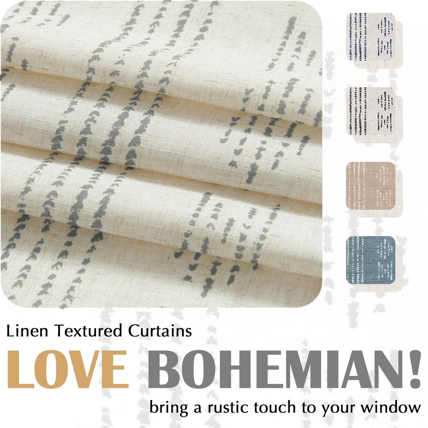 JINCHAN Boho Gray Stripe Kitchen Curtains and Valance Set Linen Tier Curtains Bohemian Small Window Drapes 36 Inch for Cafe Living Room Bathroom Window Treatments Rod Pocket 3 Pieces Set Grey on Beige