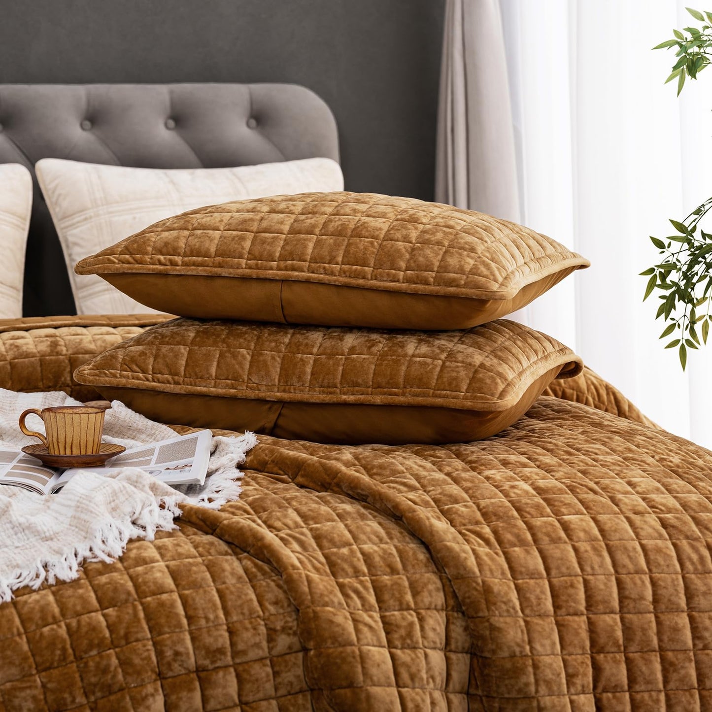 PHF Luxurious Velvet Quilt Set Queen Size – 3PCS Super Soft Quilted Comforter Alternative with Square-Box Quilt Pattern, Warm Quilted Bedspread Coverlet, 90" x 92", Rusty Burnt Orange