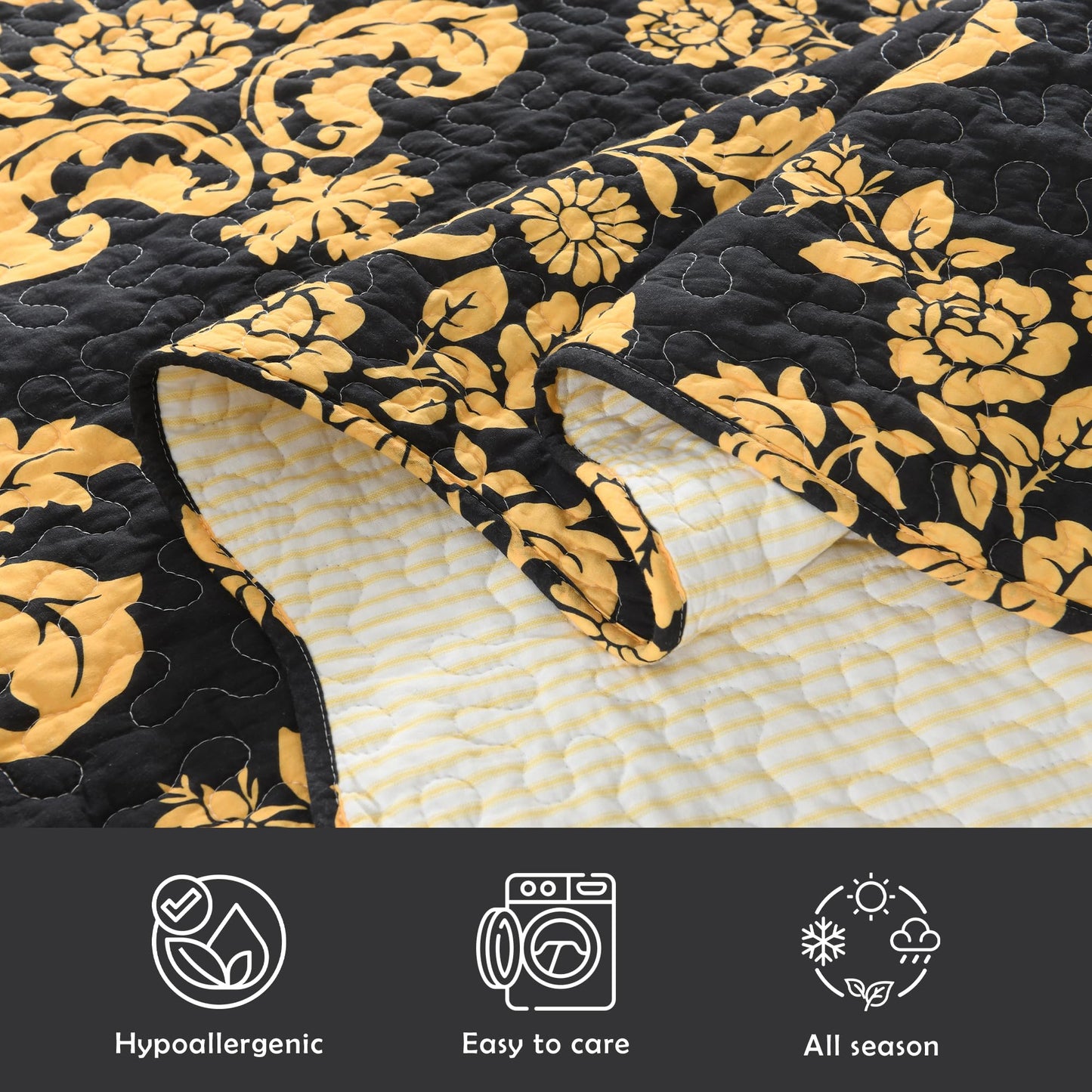Cinefoso King Size Quilt - 100% Cotton Yellow Striped Bedding Set - Reversible Scallop Quilt Bedspreads- Quilted Modern Farmhouse Coverlets - Lightweight for All Season - Pre-Washed 3-Piece