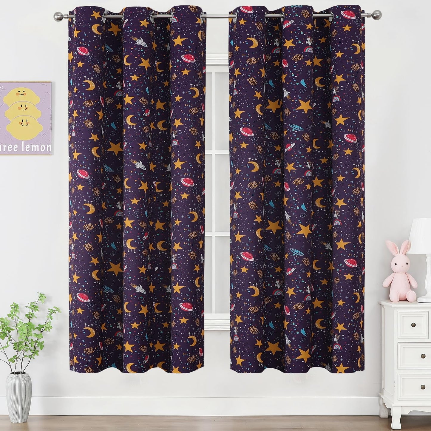 Estelar Textiler Unicorn & Rocket Theme Purple Blackout Curtains 72 Inch Long 2 Panel, Room Darkening Thermal Insulated Drapes for Nursery Bedroom, Star Moon Curtains Decor for Kids Room, 38x72 inch