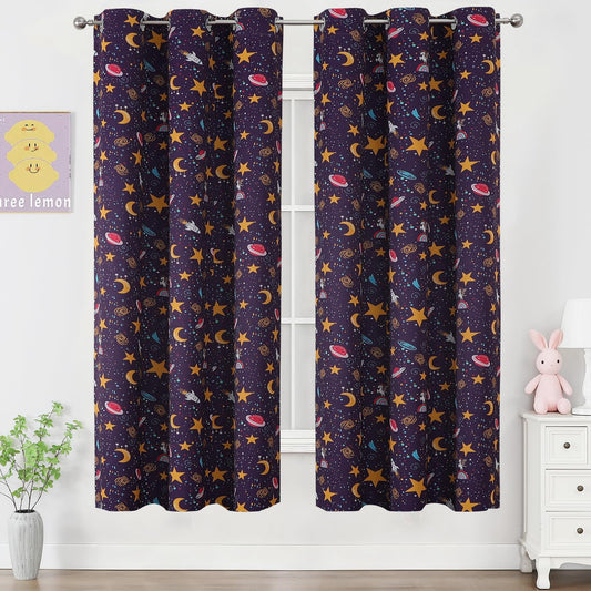 Estelar Textiler Unicorn & Rocket Theme Purple Blackout Curtains 72 Inch Long 2 Panel, Room Darkening Thermal Insulated Drapes for Nursery Bedroom, Star Moon Curtains Decor for Kids Room, 38x72 inch