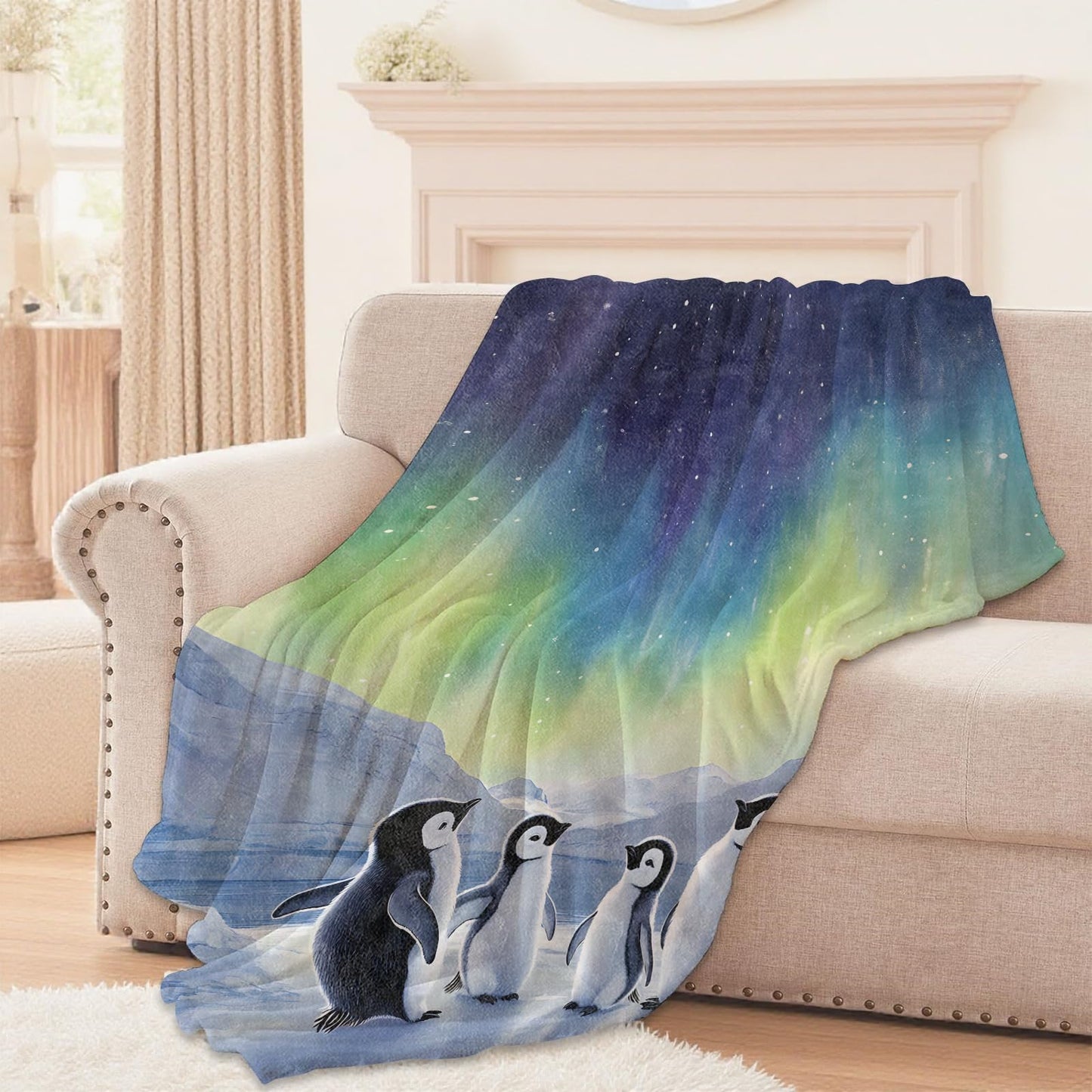 Lugiu Aurora Penguin Blanket, Lightweight Comfy Cute Penguins Blankets for Couch Sofa Bedroom, Soft Plush Travel Flannel Throw Blanket Gifts for Adults Women Boys Girls, Home Decor 60×50in