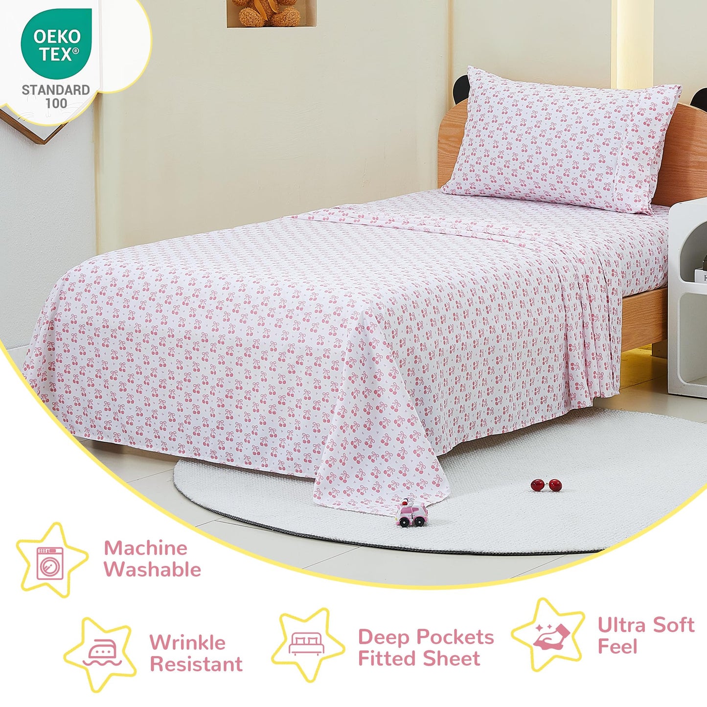 Viviland 3 Pieces Girls Pink Twin Sheet Set - Soft Microfiber Fitted Flat Sheets & Pillowcase - Pink Cherry Bow Print Bedding Sets - for Kids & Toddlers