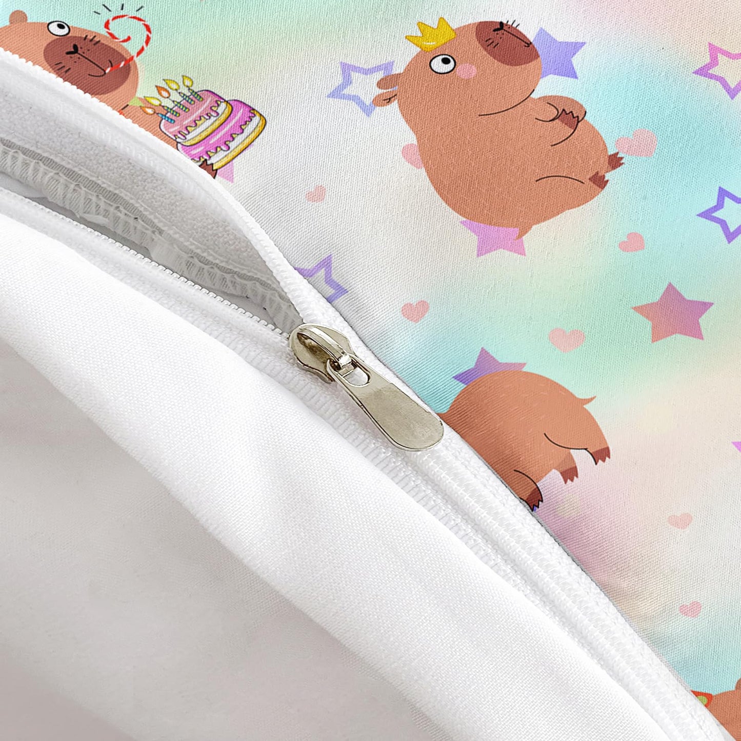 AILONEN Kawaii Capybara Duvet Cover Set Full Size,Cute Cartoon Capybara Rainbow Bedding Set for Girls Kids,Lovely Animal Star Quilt Cover & 2 Pillowcases-3 Pieces