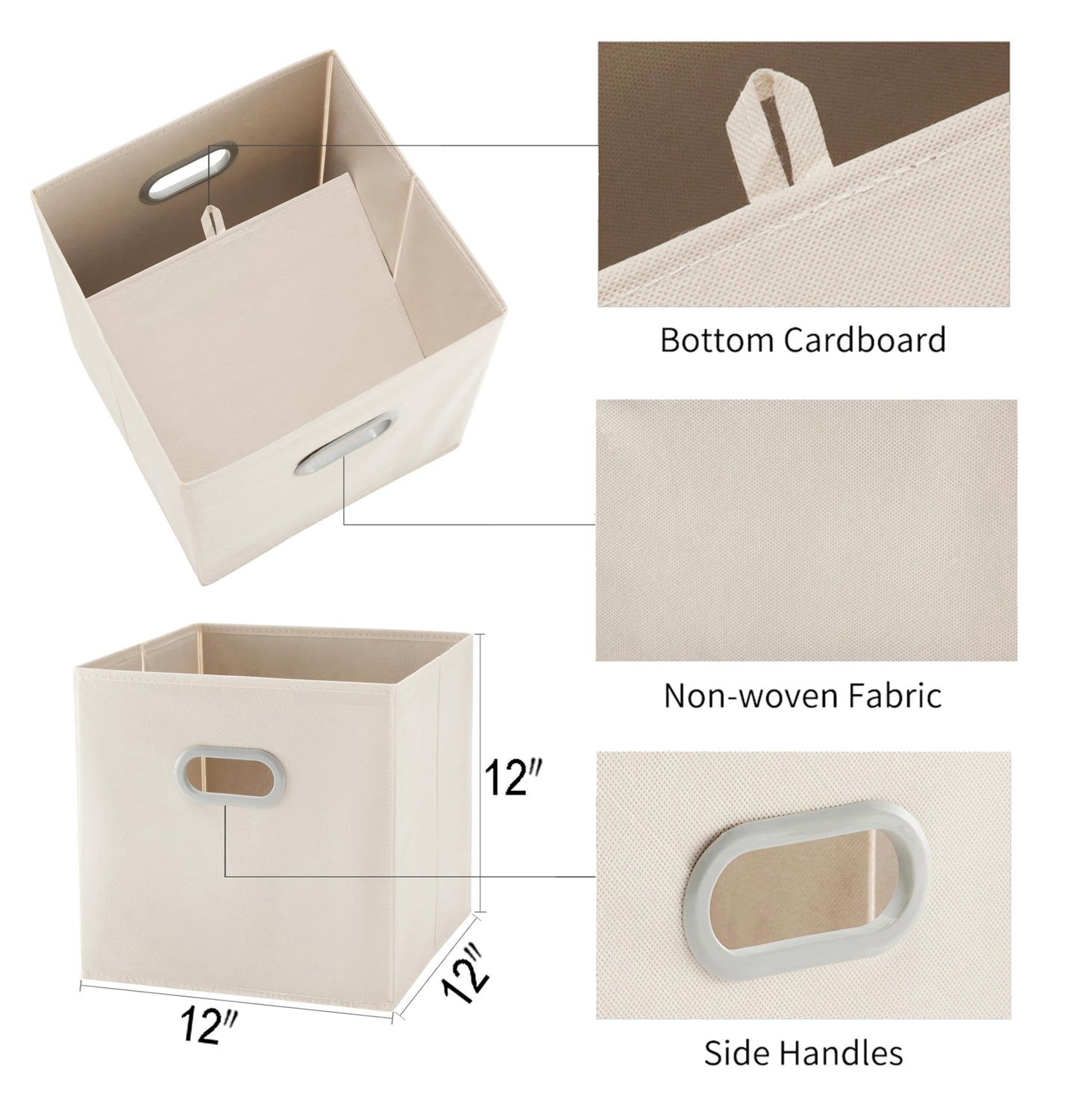 MAX Houser 6 Pack Foldable Fabric Storage Bins with Handles - Ideal for Closet Organization, Bedroom （Beige,12"x12"x12"）
