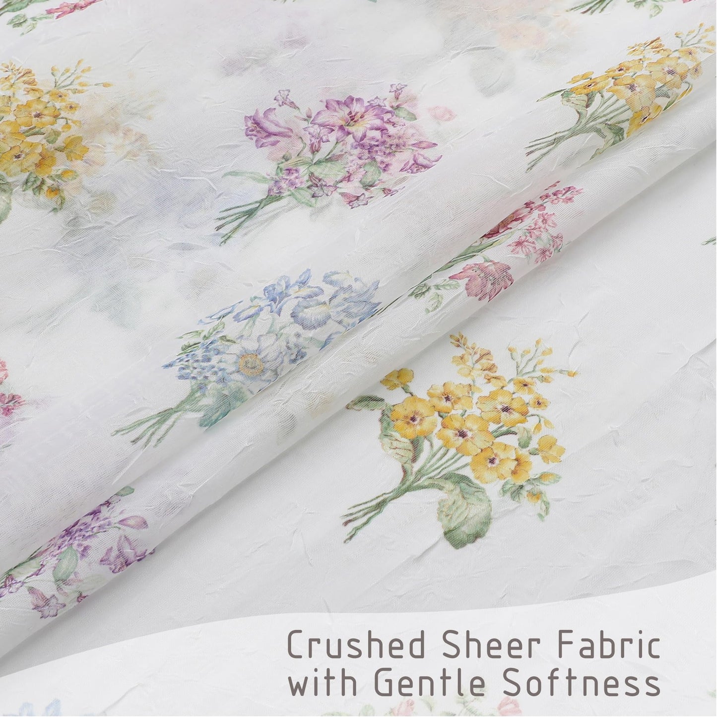 Ebesto Crushed Floral Sheer Curtains 63 Inch Length - Light Filtering Printed Sheer Flower Patterned Curtains for Bedroom, Spring Romantic Rod Pocket Window Drapes, 2 Panels, 42Wx63L Inches, White
