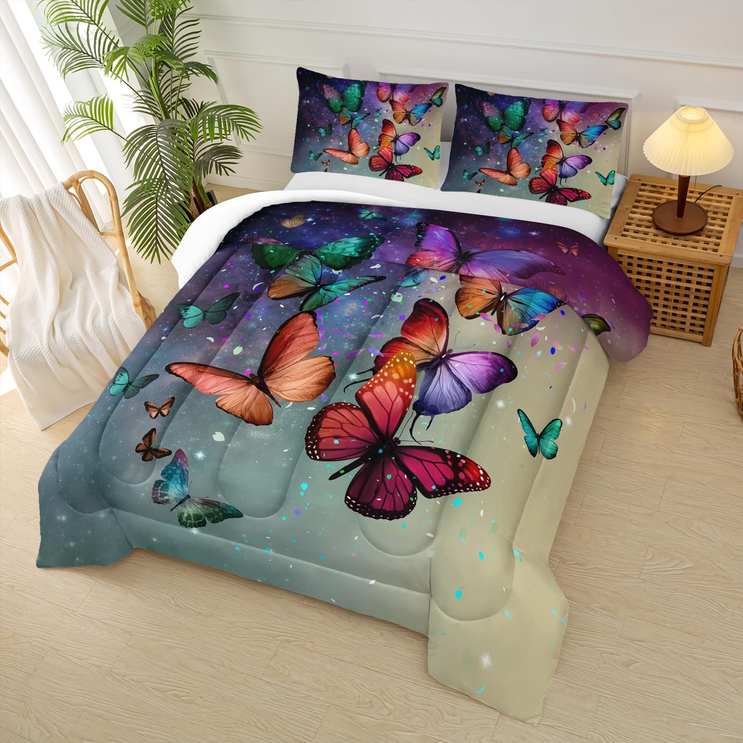 lneffble Colorful Butterfly Bed Comforter Set,Rainbow Butterfly Comforter Set Full for Boys Girls,Dreamy Butterfly Galaxy Gradient Print Bedding Set,Soft Microfiber Quilt Set with 2 Pillowcase