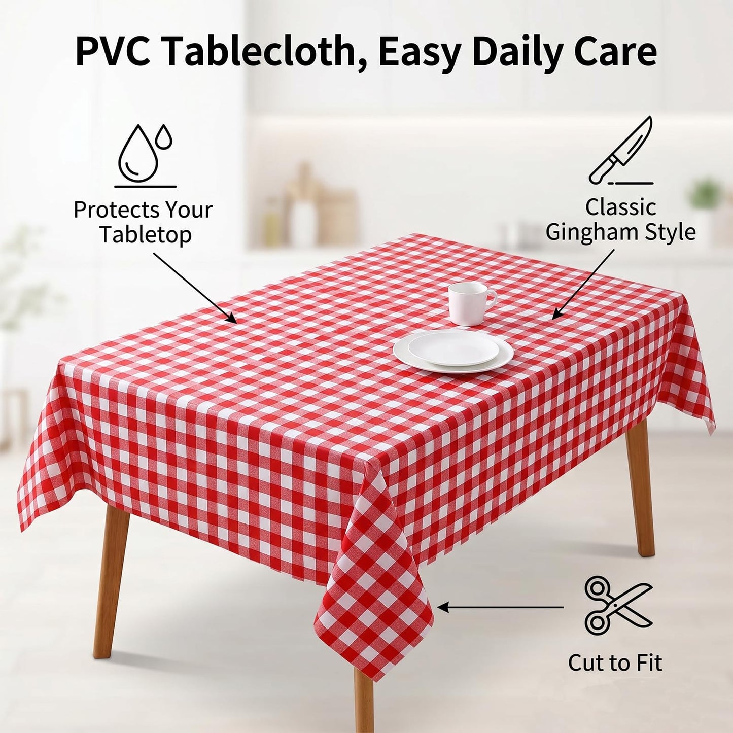 Qvthpv Waterproof PVC Tablecloth Rectangle 70"x55" - Oil Proof Heatproof Kitchen Table Cover with Soft Flannel Backing - Stain Resistant Everyday Dining & Holiday Decoration (red)