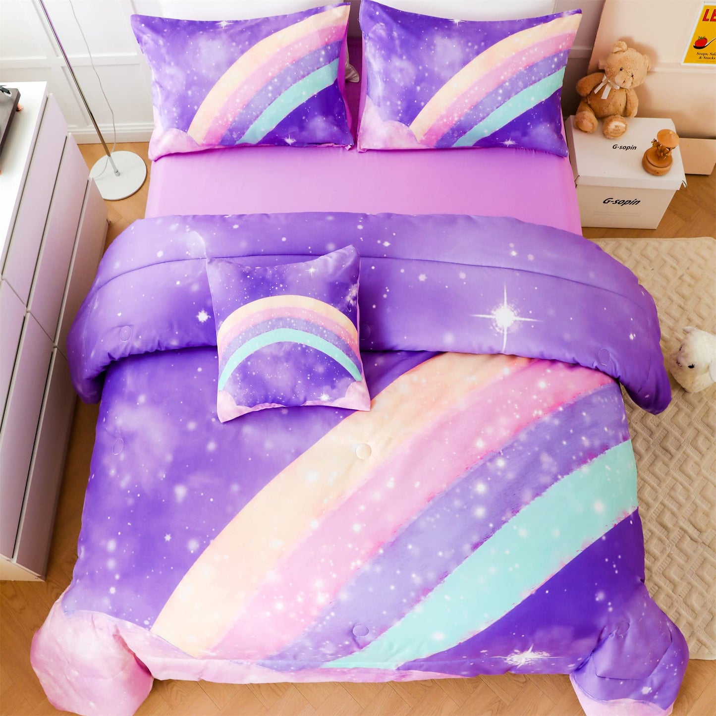 ANGIYUIN Deep Purple Rainbow Kids Comforter Set Twin 6 Pieces Gradient Glitter Bedding for Girls 3D Galaxy Nebula Bed Set with Sheets for All Season