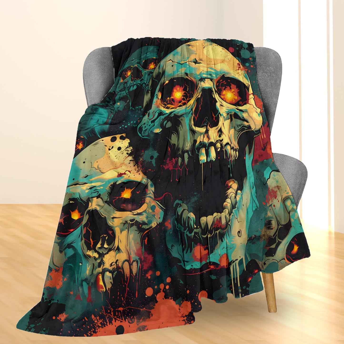 Ti Caldi Terrifying Skull Blanket | Soft Warm Fuzzy Lightweight Flannel Creepy Throw Blanket for Couch, Bed, Halloween Decor, Travel & Outdoor Use, Cozy Blankets for Adults Women Men 60×50 in