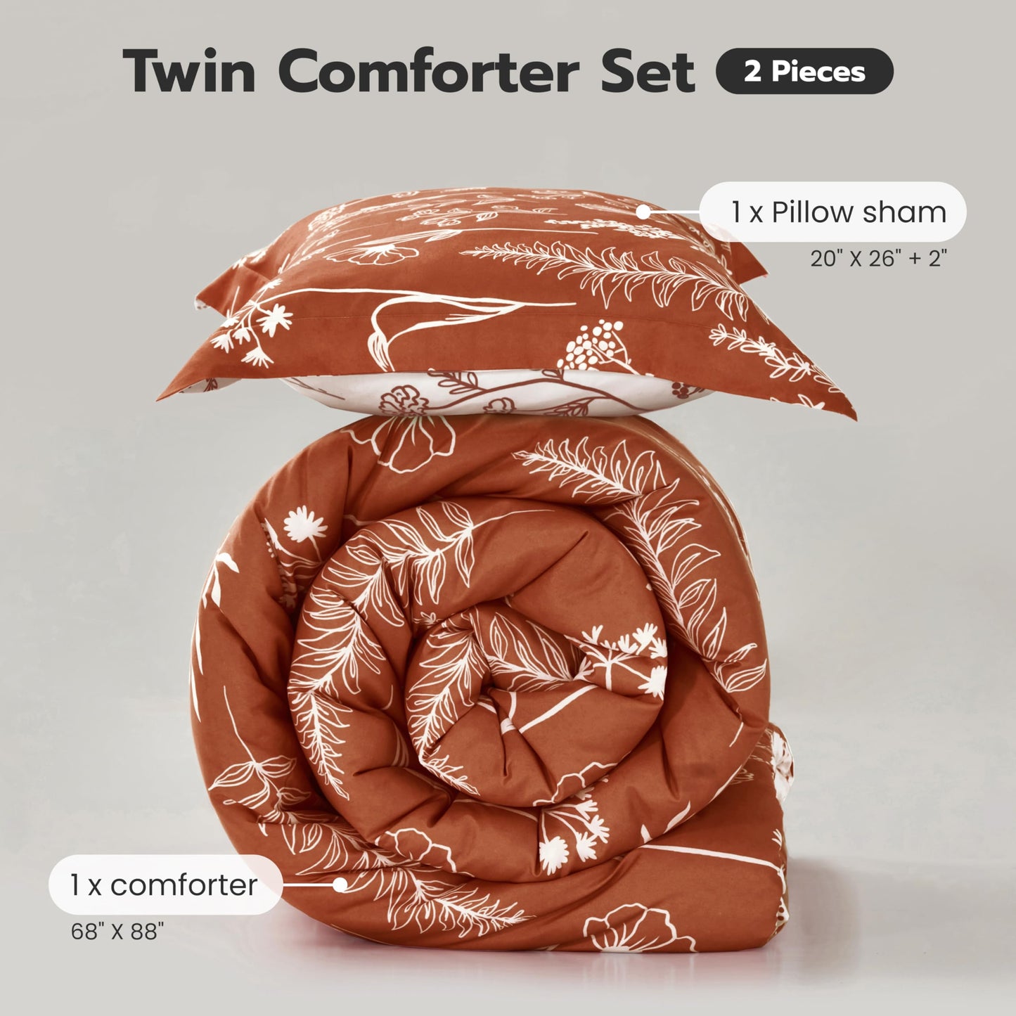 Joiedomi Floral Twin Comforter Set Terracotta Bedding Set - 2 Pieces Twin Bed in a Bag with 1 Soft Reversible Botanical Flowers Comforter and 1 Pillow Sham