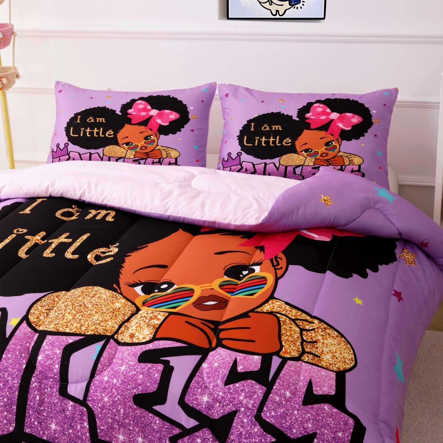 GRAT TIOC Little Black Girl Comforter Sets Twin Size,Black Girl Magic Bedding Set,Cute Little Princess Comforter Set for Kids Melanin Bedroom Bed Sets