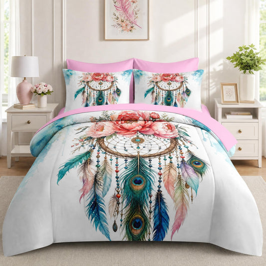 Boewywh Comforter Set Twin Size Boho Peacock Floral 7 Pcs, Bedding for Kids and Adults, Feather Pink Bed Sheet Sets with Fitted Sheet 2 Pillowcases & 2 Shams for Bedroom Bed Decor