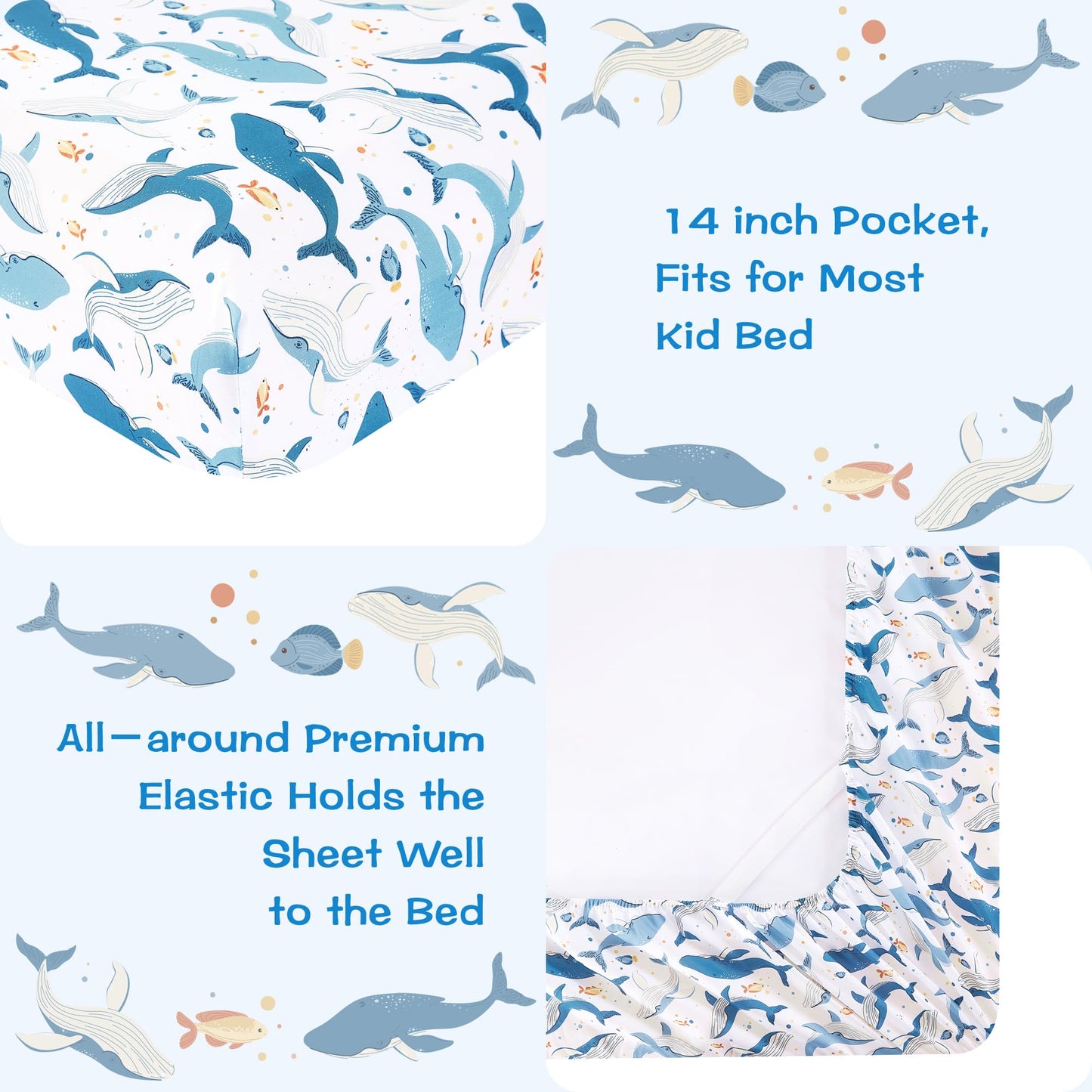 lasoftan Kids Sheet Set Twin Size, Twin Sheet Set with Marine Whales Pattern，Breathable Silky Soft Microfiber Kids Fitted Sheet
