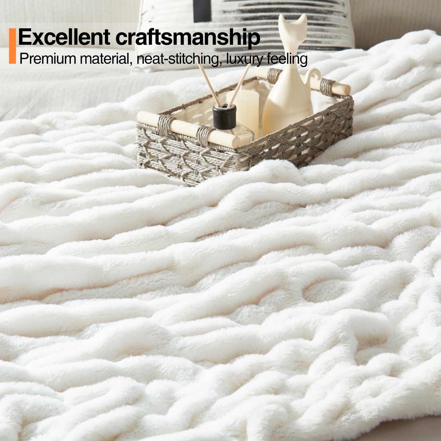 JONIYEAR Solid Soft Fuzzy Ruched Faux Rabbit Fur Throw Blanket 50" x 60", Decorative Shaggy Fluffy Raffle Blanket for Couch Sofa, Cute Cozy Accent Puffy Furry Blankets, Warm Blankets for Winter, White