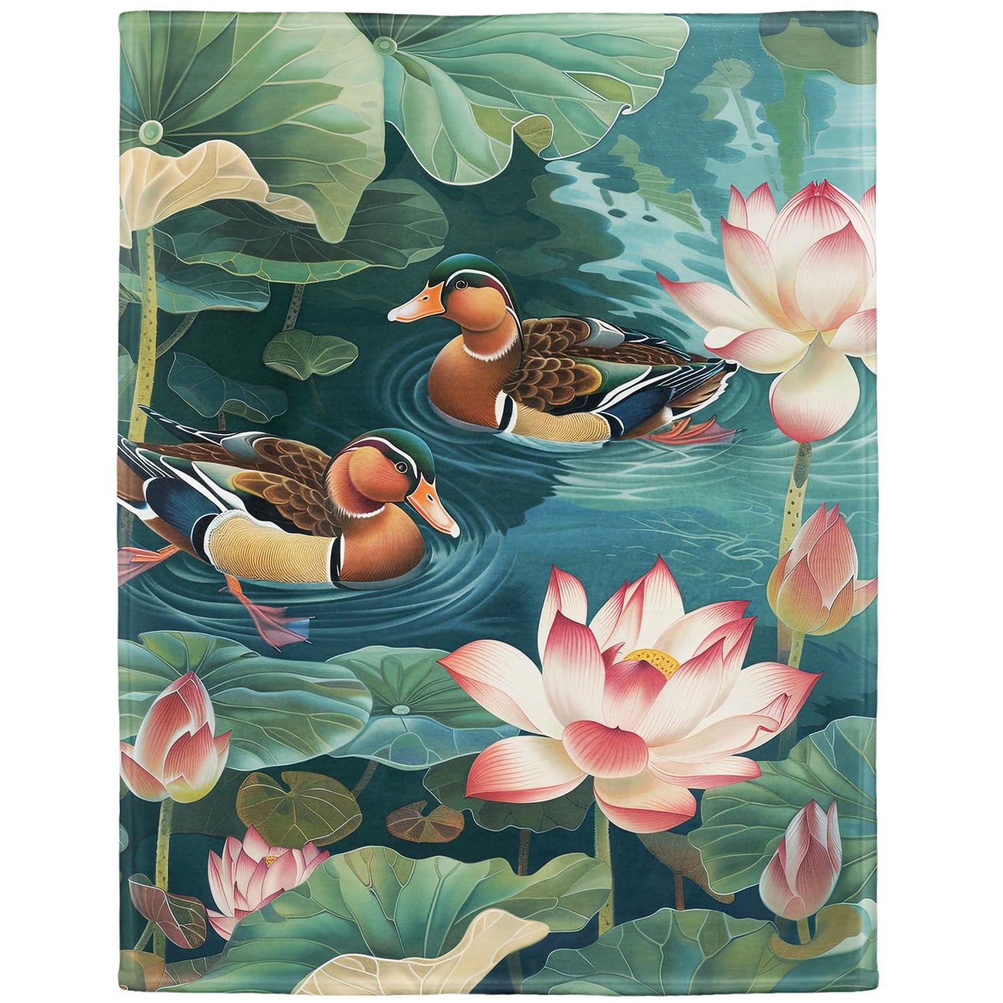 Lotus & Mandarin Ducks Blanket, Traditional Art Home Decor, Super Soft Fleece Throw Blankets for Couch Sofa Bed, 60" x 80"