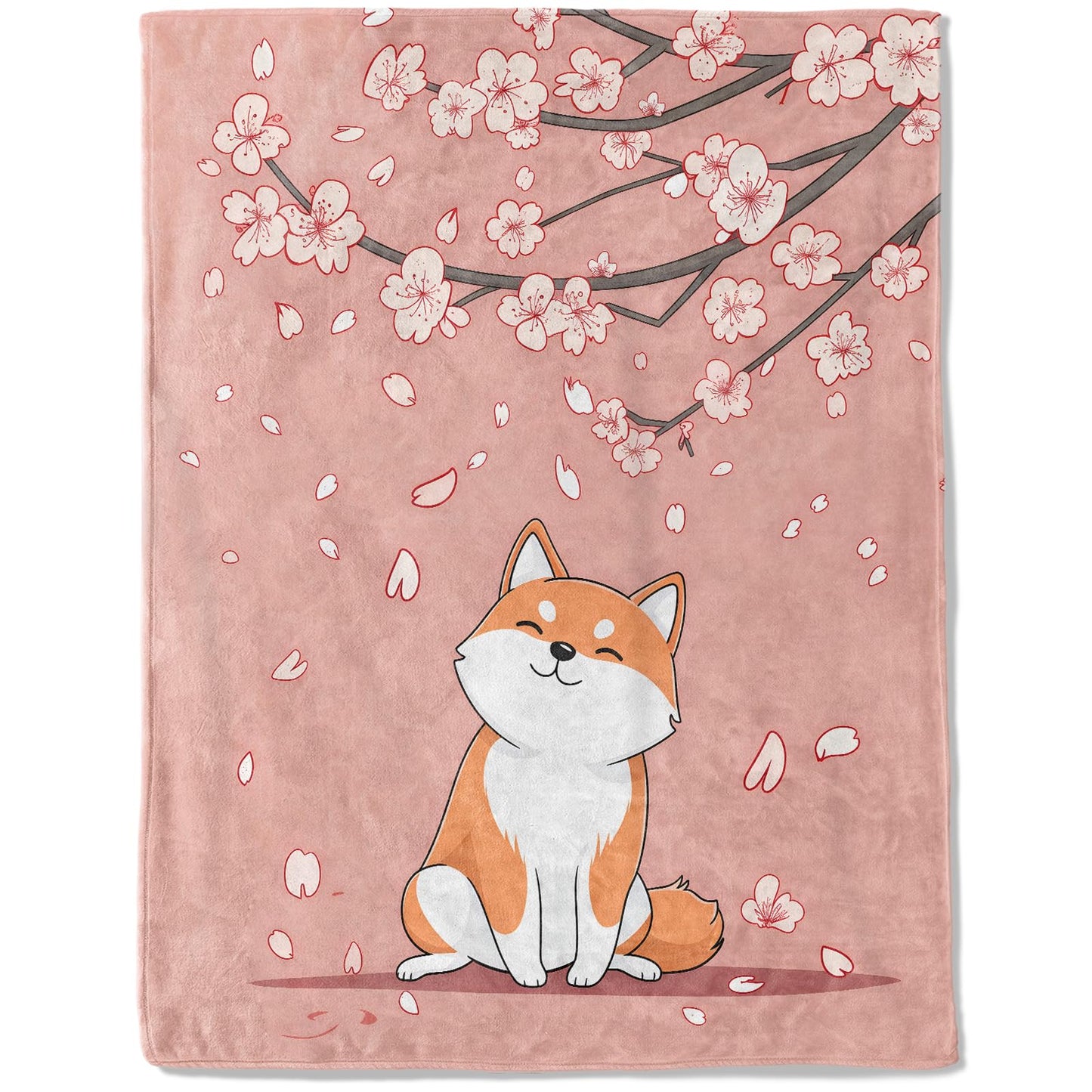 ainori Shiba Inu Flannel Blanket - Lightweight Soft Cozy Gifts Blankets for Dog Lovers, Kids, Women, Cute Pink Cherry Blossom Art Japanese Puppy Style Throw,Elegant Home Room Modern Decor 50x60in