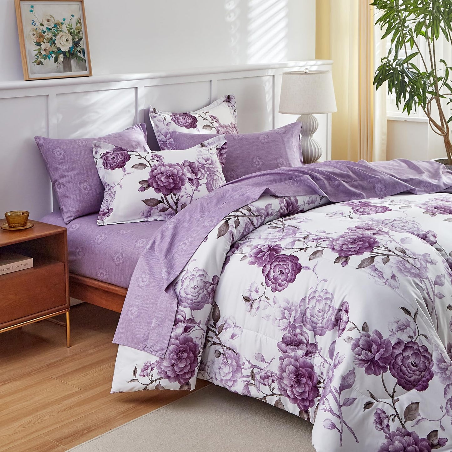 Purple Flower Bed in a Bag 7 Pieces Queen size Floral White Comforter Sheet Set Soft Microfiber Lightweight Summer Bed Set (1 Comforter 2 Pillow Shams 1 Flat Sheet 1 Fitted Sheet 2 Pillowcases)